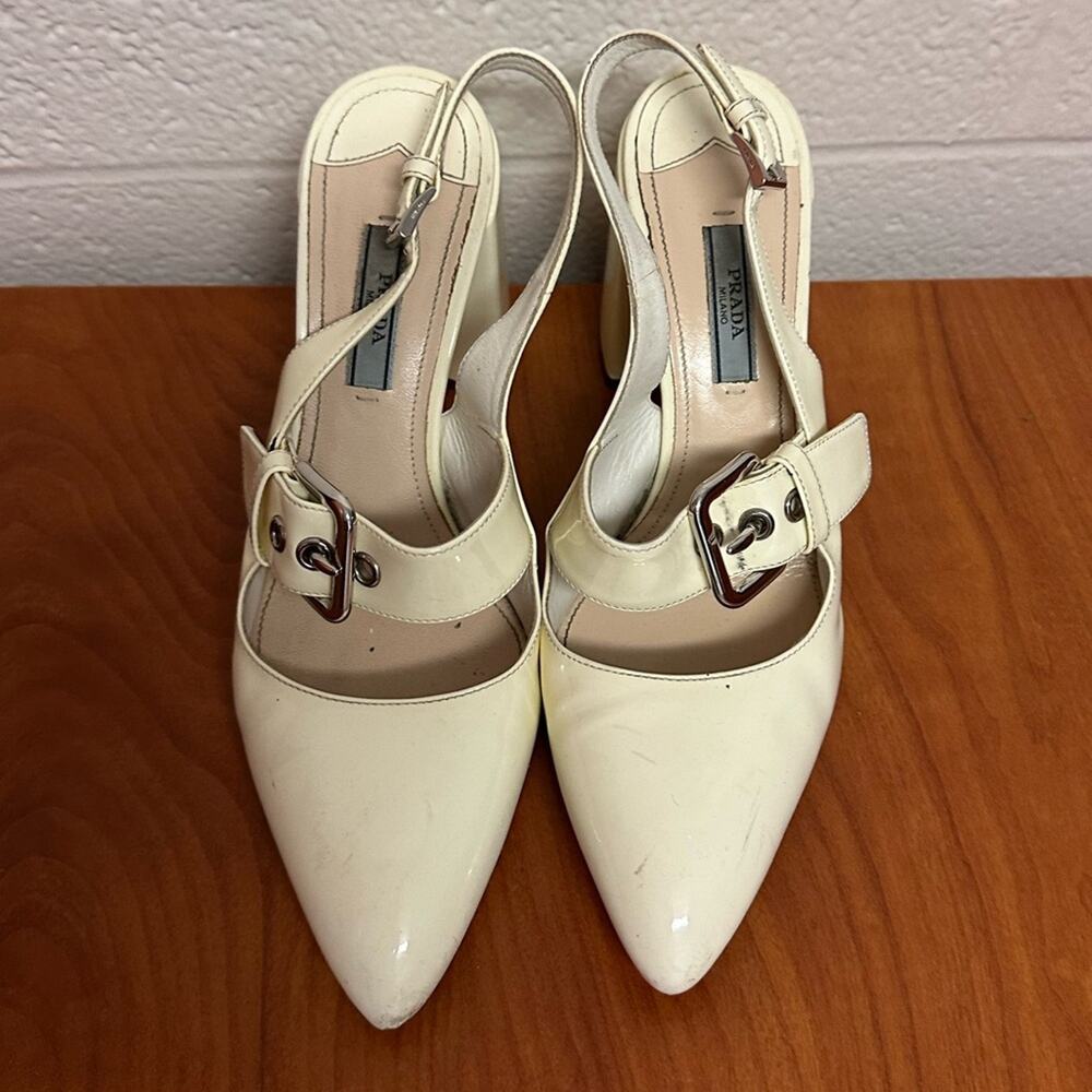 Prada Off White Patent Leather Mary Jane Slingback Block Heel Pumps Size 37.5 - Picture 3 of 16